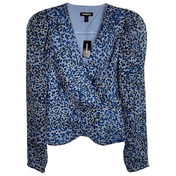 Express Blue Leopard Print Faux Wrap Peplum Top XS New - Picture 2 of 7